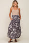 Charcoal Tropical Floral Smocked Waist Round Hem Maternity Midi Skirt