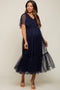 Navy Blue Dotted Tulle Smocked Maternity Midi Dress