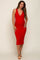 Red Ribbed Knit Fitted V-Neck Maternity Midi Dress