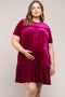 Burgundy Ruffle Accent Velvet Maternity Plus Dress