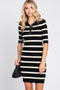 Black Striped Rib Knit Collared Dress