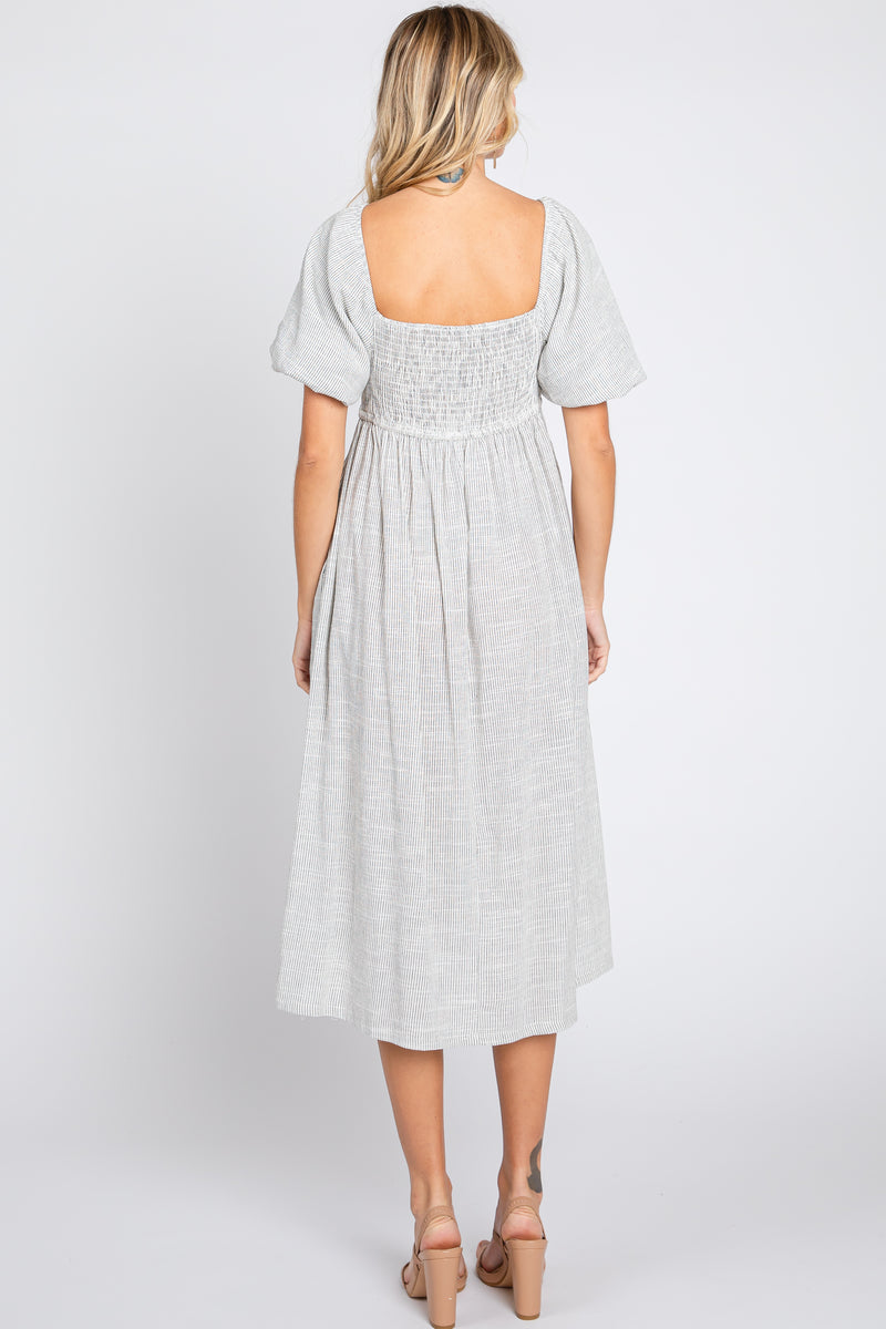 PLAID SHORT PUFF SLEEVE SMOCKED MIDI DRESS