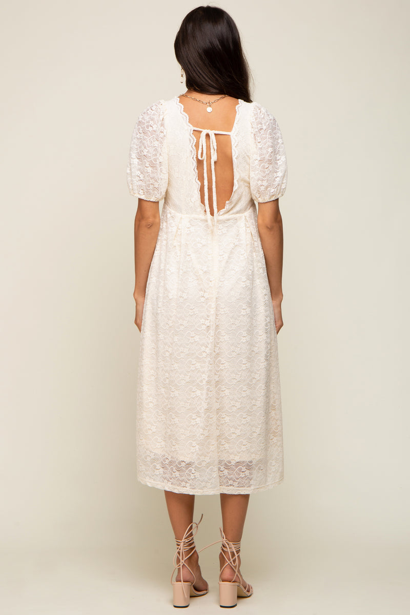 High-neck Puffy Lace-trimmed Midi Dress in Cream