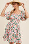 Cream Flower Print Square Neck Cinched Dress
