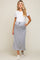 woman wearing a white short sleeve top and a gray maternity maxi skirt with pockets and an elastic waistband, showing her baby bump