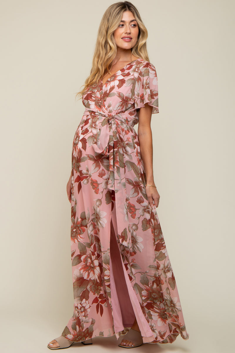 Pink Floral V-Neck Maternity Dress