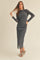 Charcoal Shimmer Mesh Long Sleeve RuchedMidi Dress