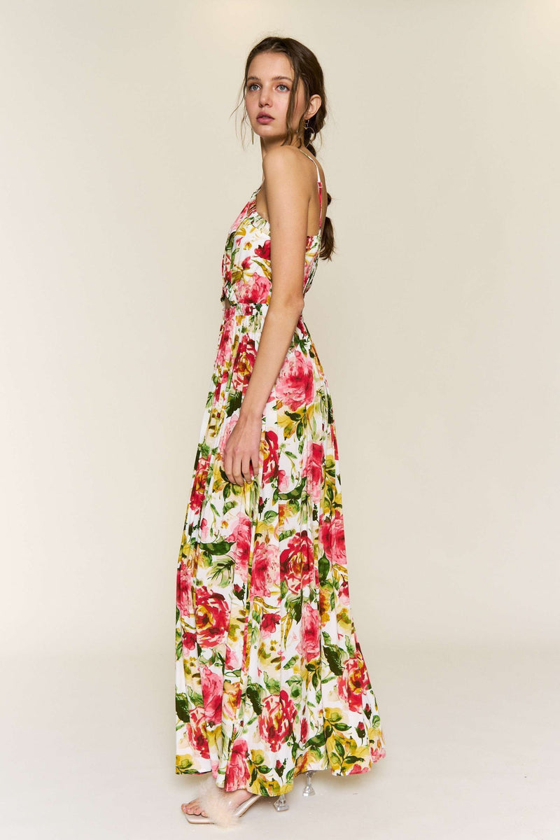 alexandra red floral print maxi dress with belt