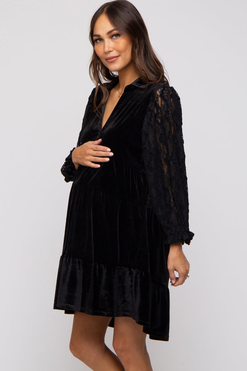 Black Velvet Lace Sleeve Collared Tiered Maternity Dress – PinkBlush