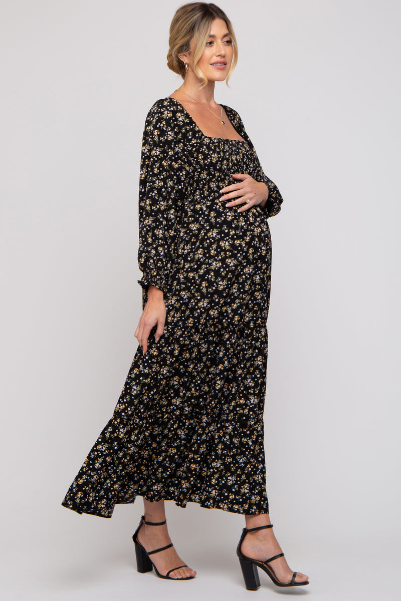 Black Floral Smocked Long Sleeve Maternity Maxi Dress– PinkBlush