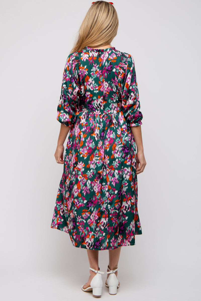 Forest Green Embroidered Floral Puff Sleeve Maternity Midi Dress main image 1