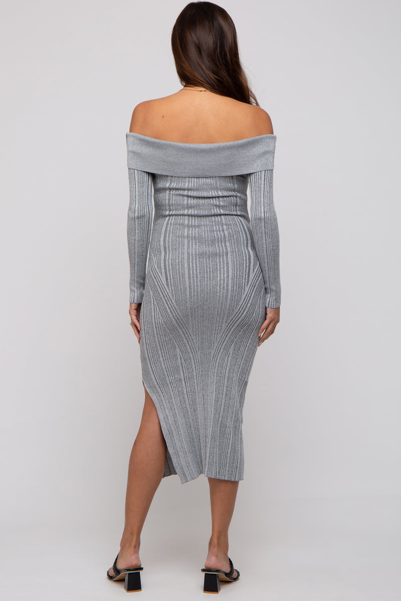 Brown Striped Shoulder Tie Side Slit Maternity Midi Dress