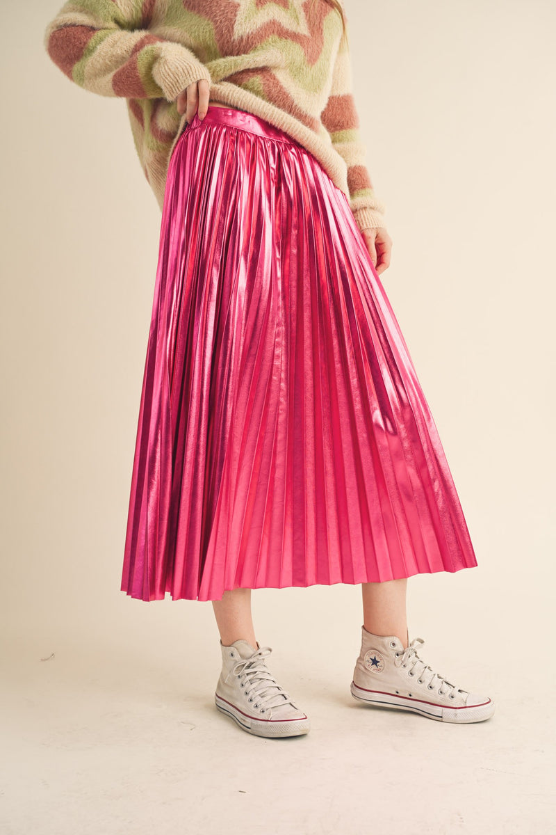 Pink Metallic Pleated Midi Skirt – PinkBlush