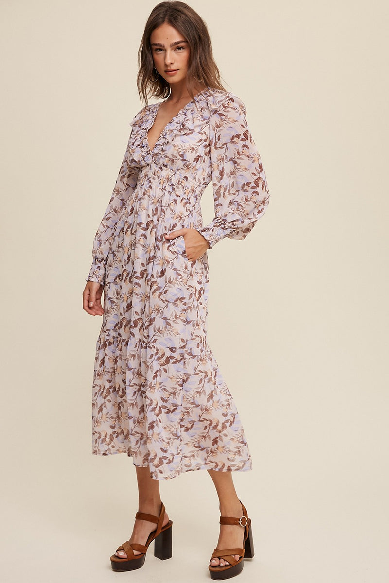 Mocha Leaves Print Cap Sleeve Dress - Sienna main image 0