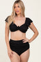 Black Ribbed Ruffle Shoulder Front Tie High Waist Two-Piece Swimsuit