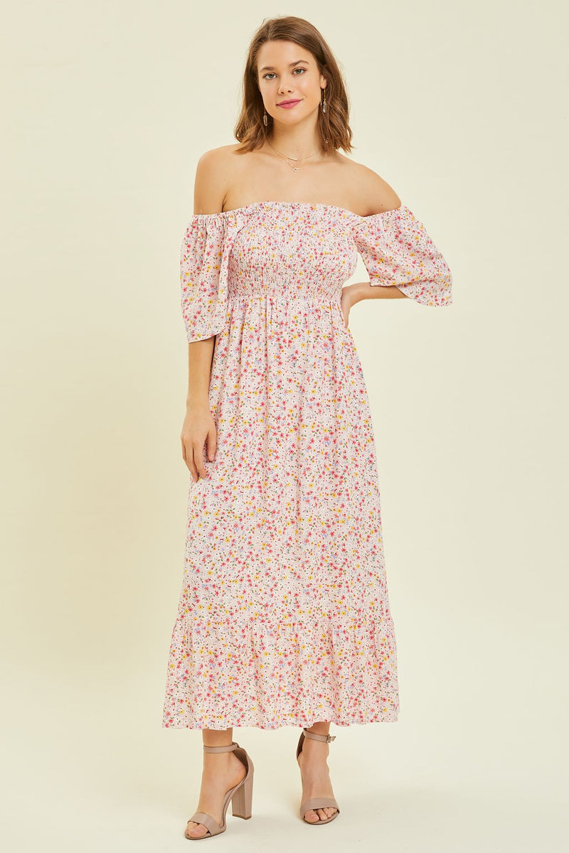 Pink Floral Print Knotted Shoulder Smocked Maxi Dress main image 0