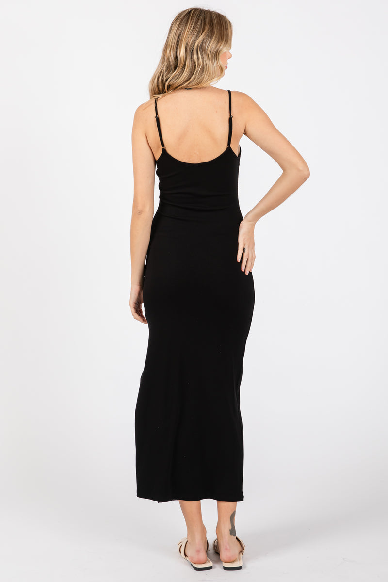 Black Ribbed Sleeveless Side Slit Dress– PinkBlush