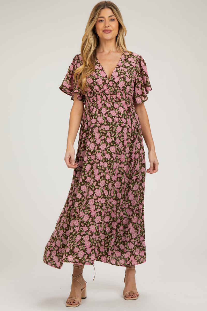 Brown Smocked Front Cutout Tiered Maternity Maxi Dress main image 0
