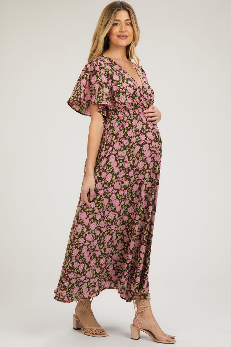 Brown Floral Maternity Midi Dress main image 1