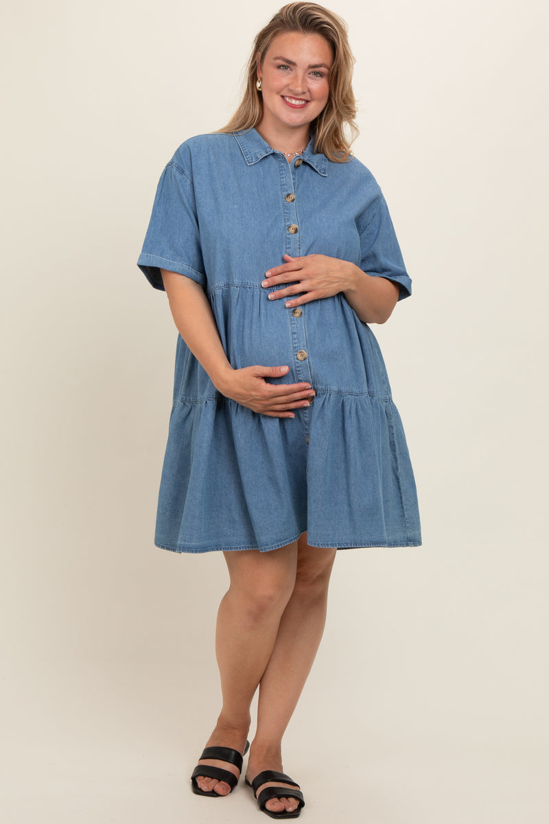 Blue Denim Button Down Tiered Plus Maternity Dress– PinkBlush