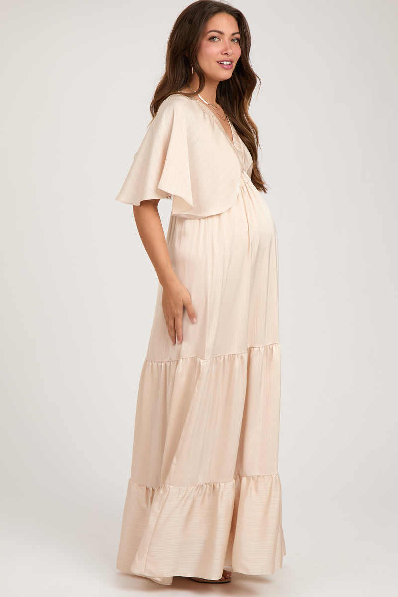 Beige V-Neck Flutter Sleeve Tiered Maternity Maxi Dress – PinkBlush