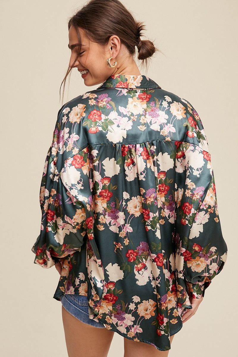 Exquisite Satin Unique Floral Print Button Down Loose Shirt