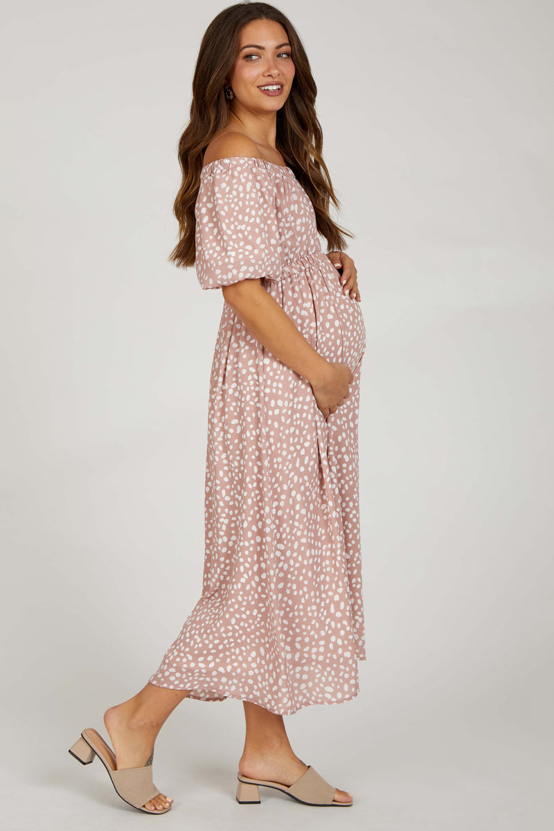 Mauve Square Neck Puff Sleeve Rib Babydoll Maternity Dress main image 0