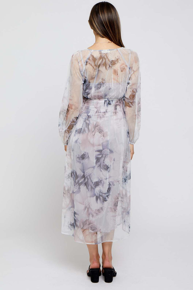 Peach Floral Smocked Maternity Midi Dress