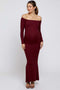 Burgundy Ribbed Off Shoulder Long Sleeve Maternity Maxi Dress