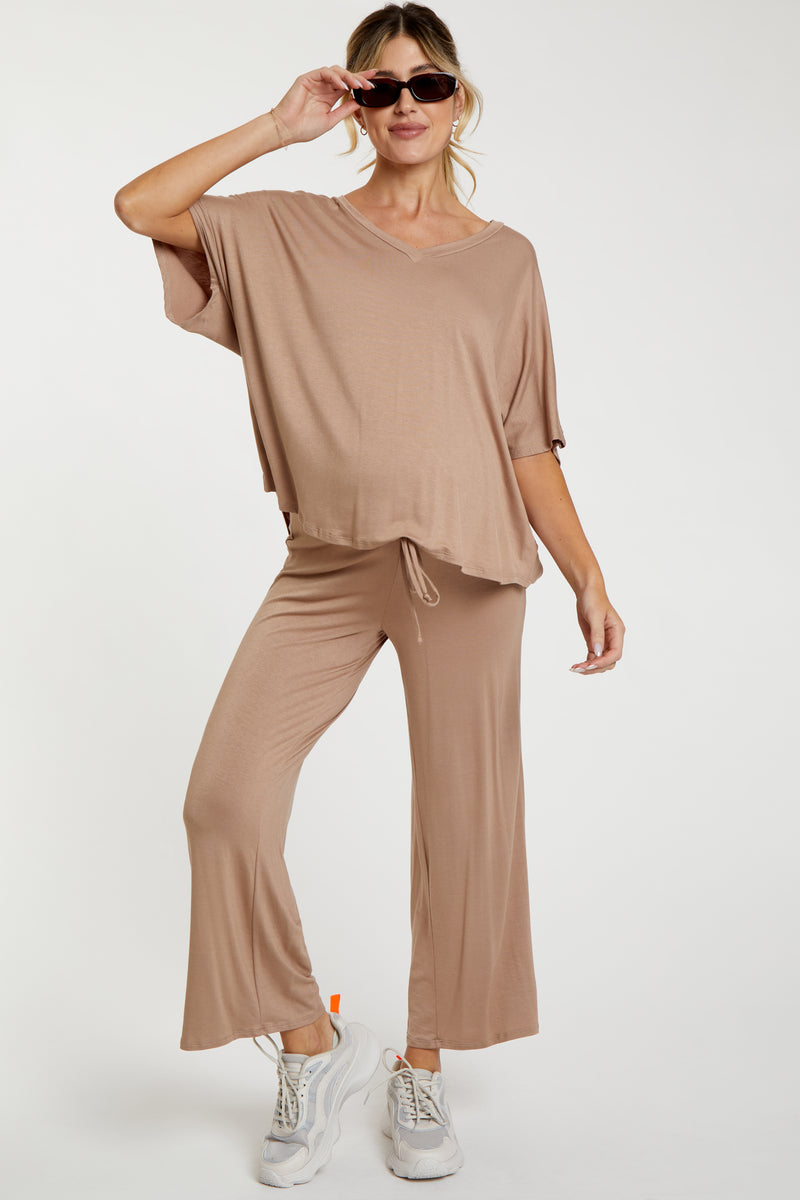 Mocha Floral Elastic Waist Crop Pant main image 1