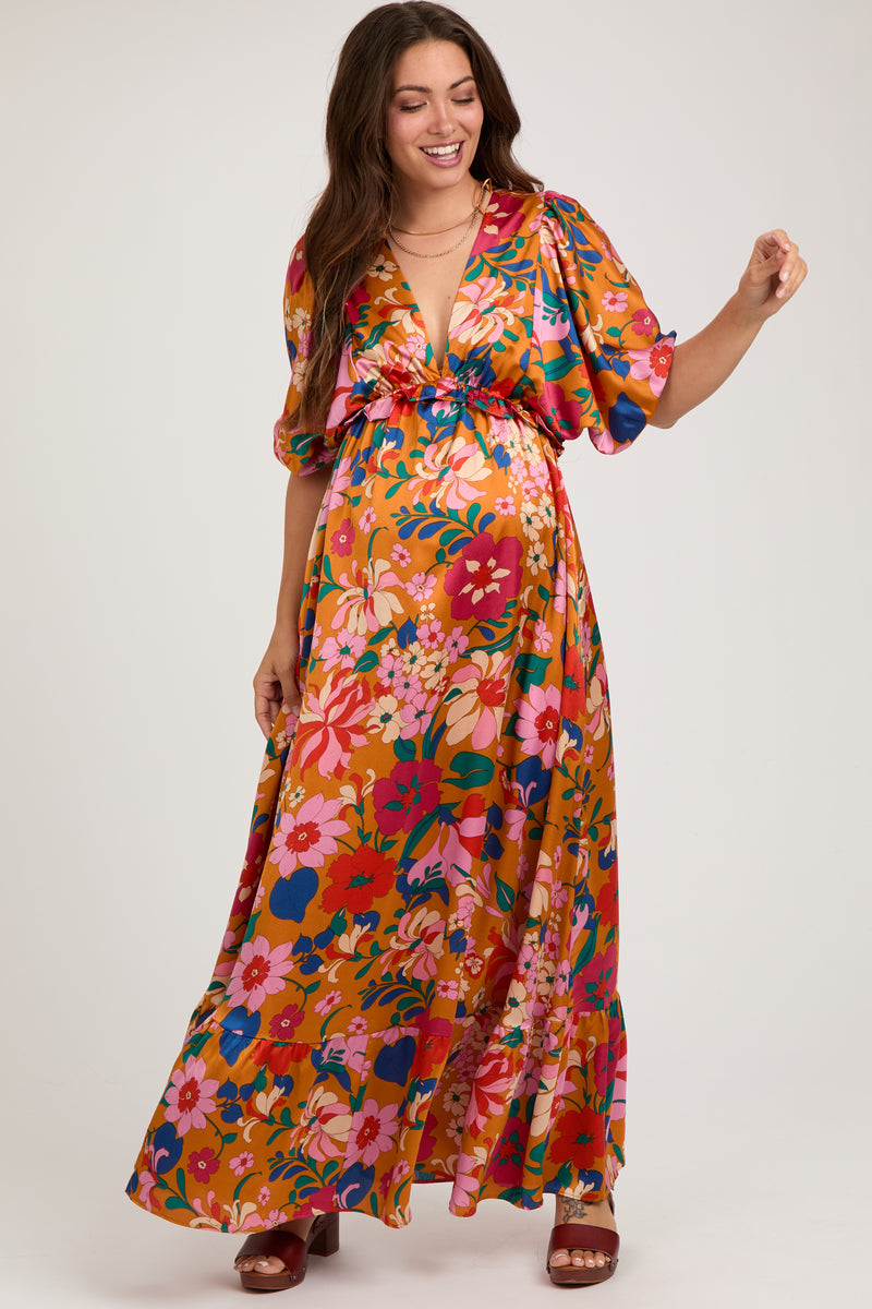 Princess V-neck Maxi Satin Dresses with Pockets Orange main image 1