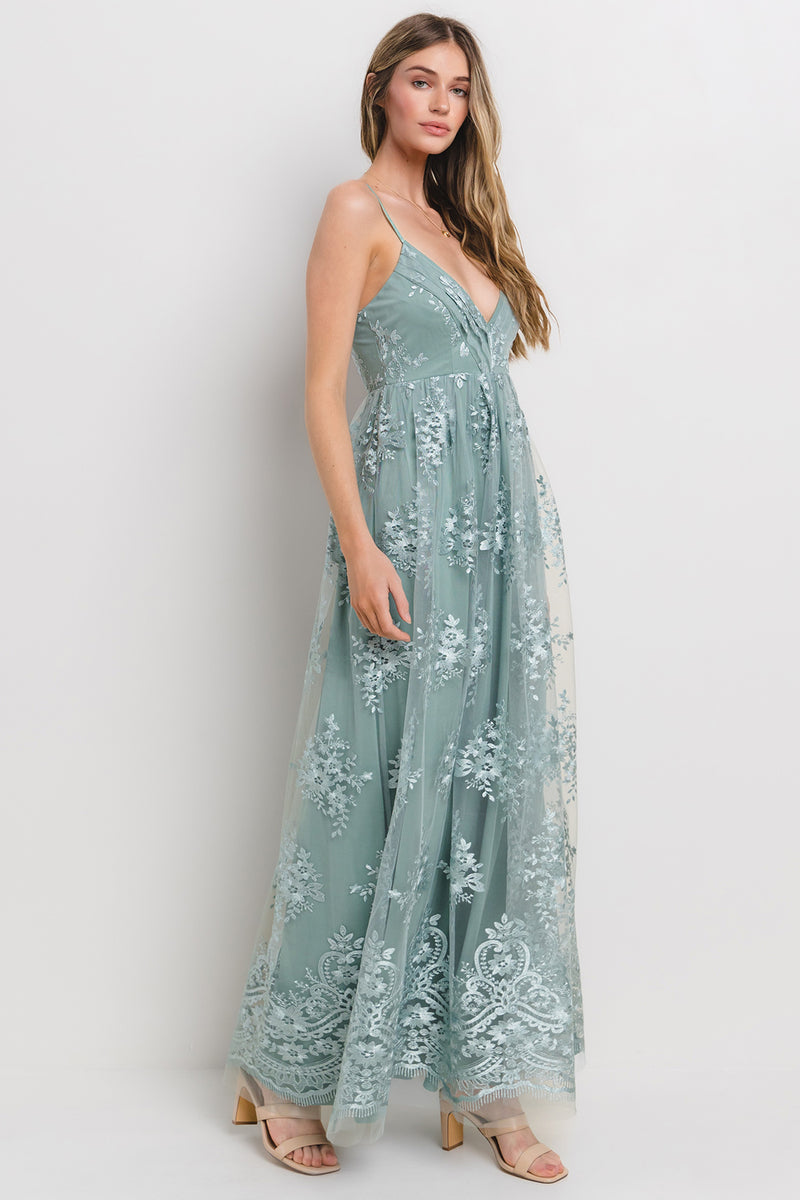 green lace overlay dress JESSICA GUIPURE LACE AND SILK GOWN IN GREEN | CULT MIA main image 0