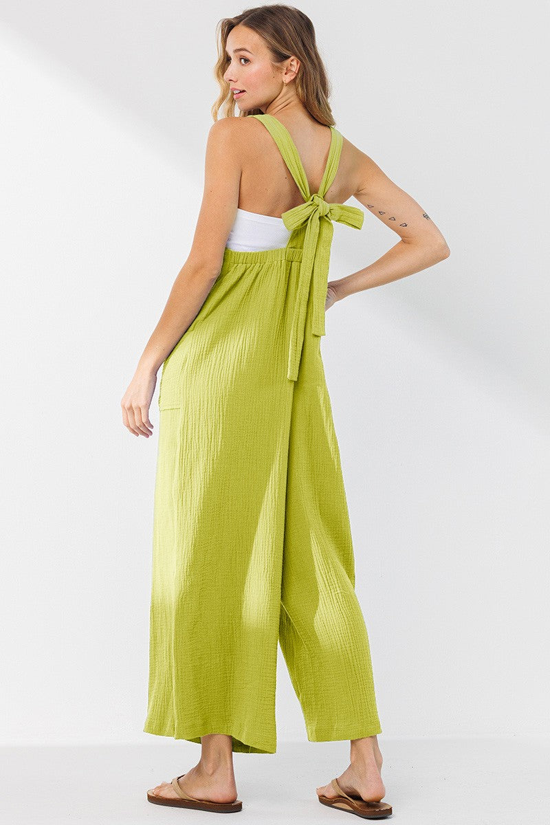 Solid Wide Leg Pocketed Shoulder Tie Overalls main image 1