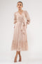 Champagne Surplice Belted Long Sleeve Midi Dress