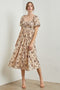 Cream Floral Smocked Short Puff SleeveMidi Dress