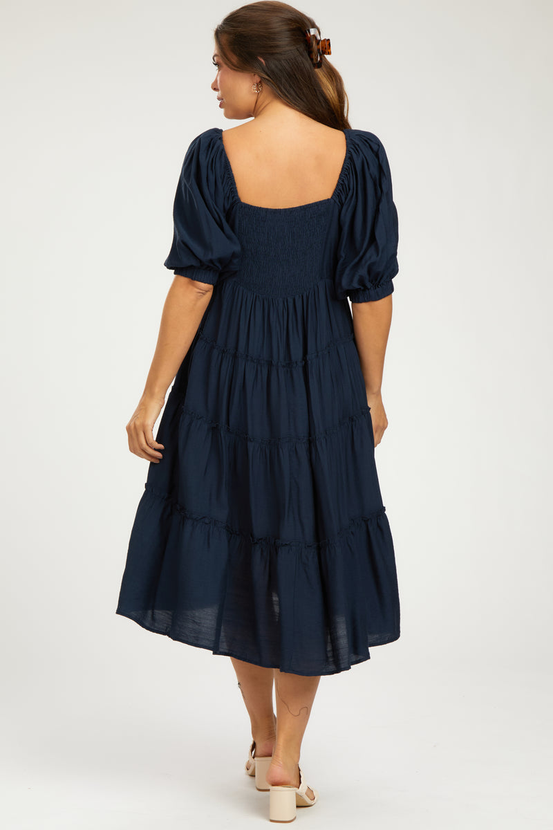 Navy Side Tie Long Sleeve Maternity Midi Dress