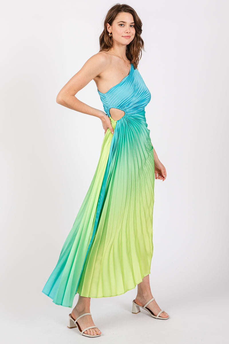 Blue Ombre Pleated Asymmetrical Maxi Dress– PinkBlush