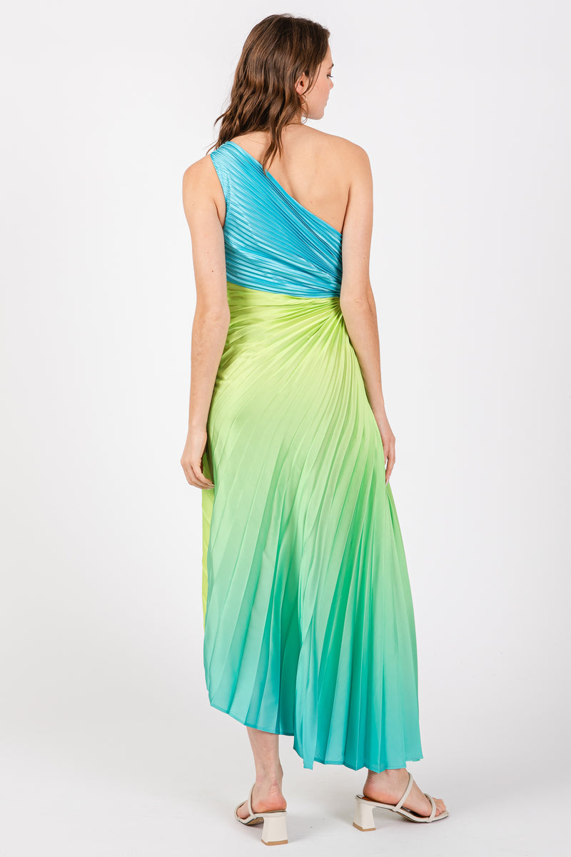 Blue Ombre Pleated Asymmetrical Maxi Dress– PinkBlush