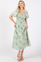 Green Floral Smocked Sweetheart Neck Short Puff Sleeve Midi Dress