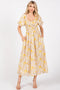 Yellow Floral Smocked Sweetheart Neck Short Puff Sleeve Midi Dress