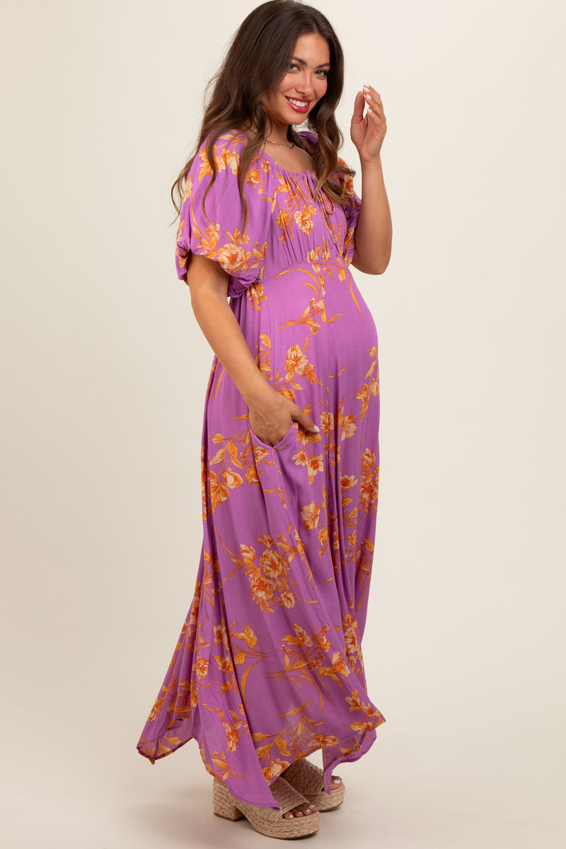 Lavender Floral Smocked Halter Flowy Maternity Maxi Dress main image 1