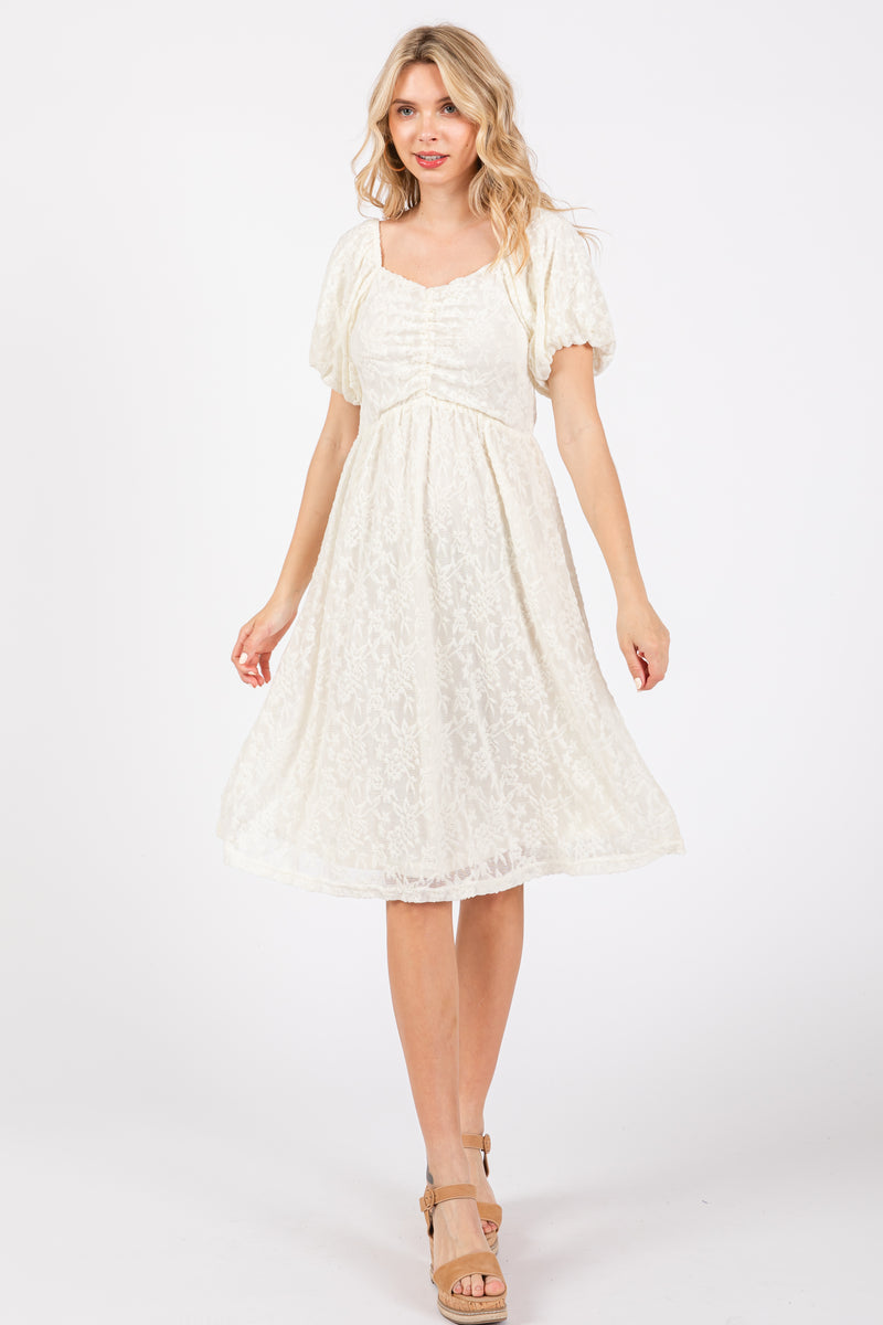 Ivory Striped Linen Smocked Short Puff Sleeve Maternity Midi Dress main image 0