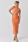 woman wearing an orange two-piece knit crop top and matching midi skirt