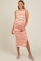 White Orange Striped Knit Sleeveless Side Slit Maternity Midi Dress