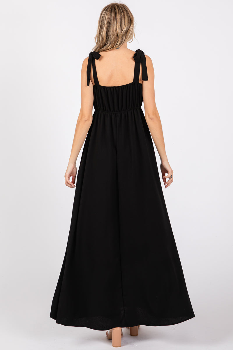 Black Square Neck Shoulder Tie Maxi Dress  PinkBlush