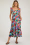 Blue Floral Satin Square Neck Ruffle Strap Maternity Midi Dress