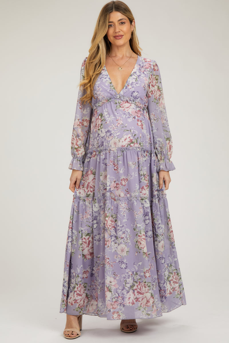 Lavender Off Shoulder Tiered Ruffle Chiffon Maxi Dress