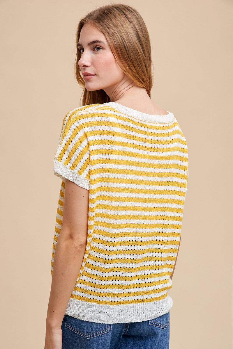 Stripe Textured Knit Notched Neck Cuffed Short Sleeve Top main image 0