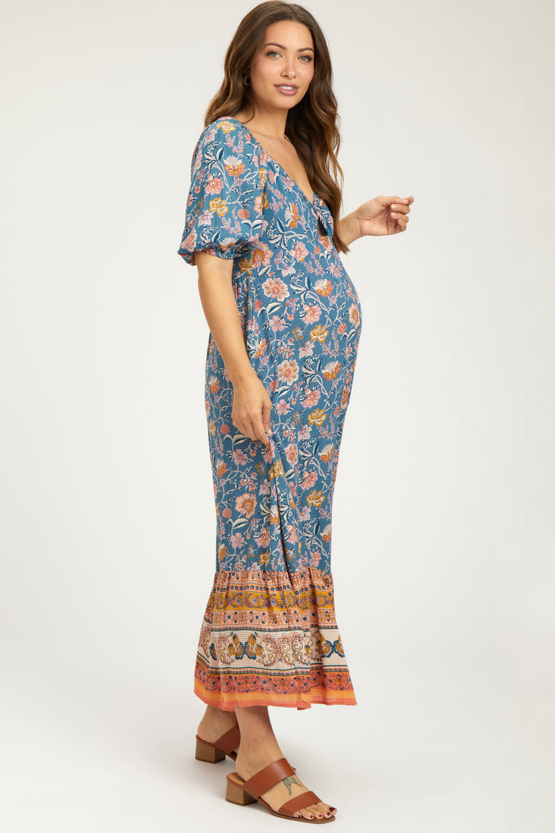 Blue Floral Mesh Overlay Ruched Maternity Midi Dress