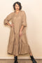 Taupe Button Front V-Neck Ruffle Tiered Midi Dress